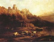 Jenaro Perez Villaamil Herd of Cattle Resting on a Riverbank in Front of a Castle (mk22) oil on canvas